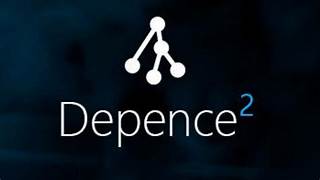L'image présente le logo Depence², un réseau blanc stylisé de points au-dessus du mot "Depence" avec un petit "2" bleu en exposant sur un fond sombre.