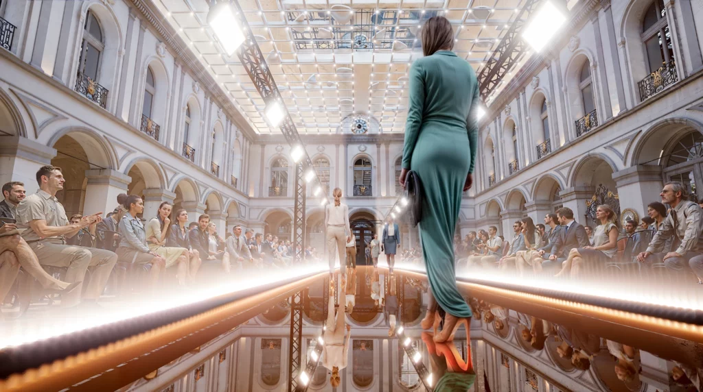 Un mannequin vêtu d'une longue robe verte marche sur une piste réfléchissante dans un grand hall aux fenêtres cintrées et au plafond de verre, tandis qu'un public assis de part et d'autre regarde le défilé de mode.