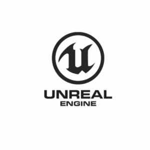 Logo noir et blanc de l'Unreal Engine représentant un "U" stylisé dans un cercle, avec les mots "UNREAL ENGINE" écrits sous le symbole sur un fond blanc.