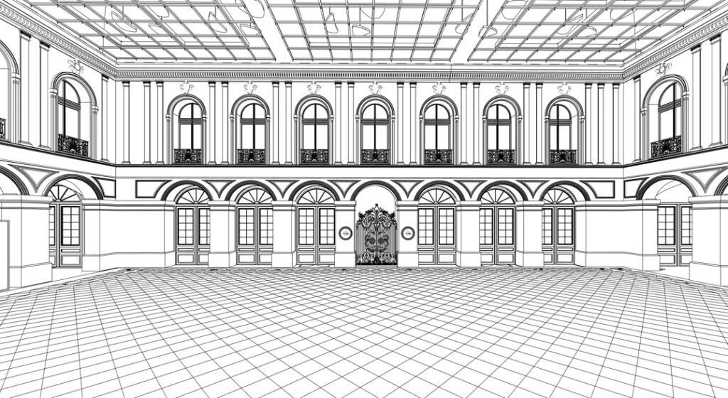 Dessin au trait d'un hall spacieux et orné, avec de hauts plafonds, des fenêtres cintrées, des portes-fenêtres et un portail décoratif. Le sol est carrelé d'un motif en losange et le plafond comporte une grande grille en verre.