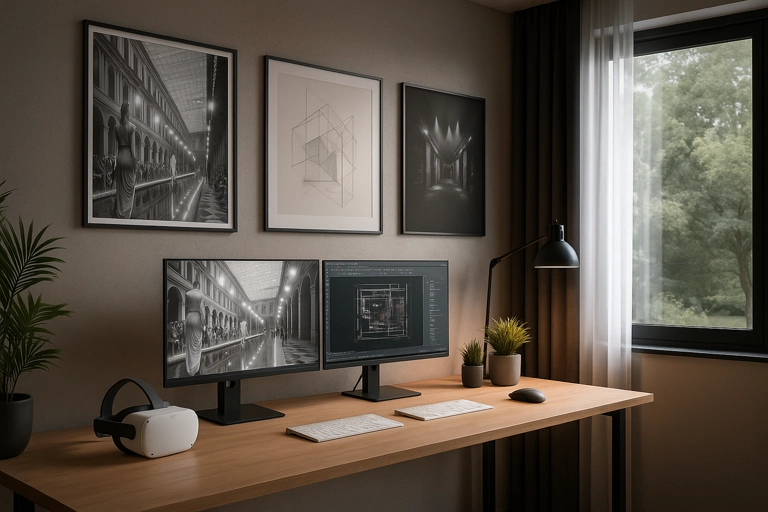 Un espace de travail moderne avec deux écrans, un clavier, une souris et un casque VR sur un bureau en bois, décoré de petites plantes, d'une lampe de bureau noire et d'œuvres d'art monochromes encadrées sur le mur, près d'une fenêtre avec des arbres à l'extérieur.