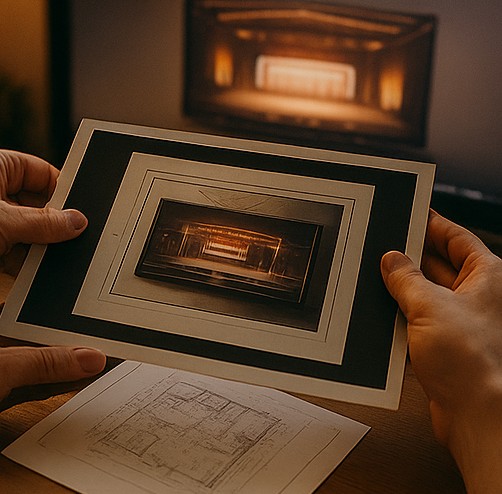 Deux mains tiennent une photographie d'un espace intérieur chaleureusement éclairé au-dessus d'une table sur laquelle est dessiné un plan d'étage, tandis qu'une image floue du même intérieur est visible sur un écran à l'arrière-plan.