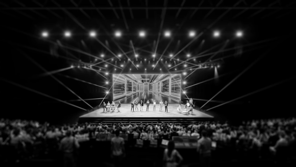 Photo en noir et blanc d'un concert ou d'une représentation sur une grande scène, avec plusieurs artistes au centre, des lumières de scène brillantes et un public assis au premier plan.