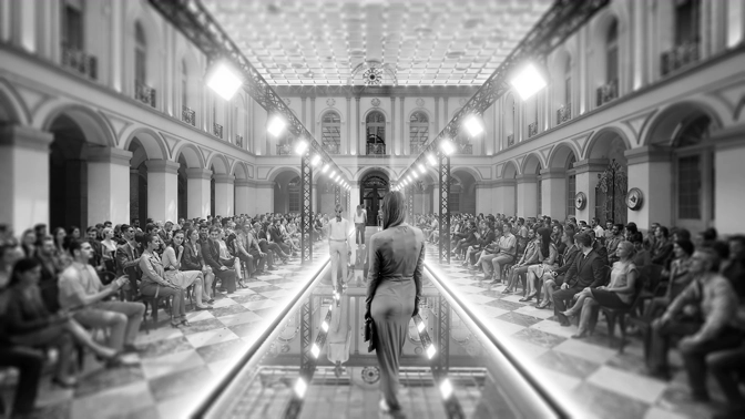 Un mannequin défile dans une grande salle ornée, remplie de spectateurs assis de part et d'autre, sous des lumières vives. La scène est en noir et blanc, créant une atmosphère dramatique et élégante.