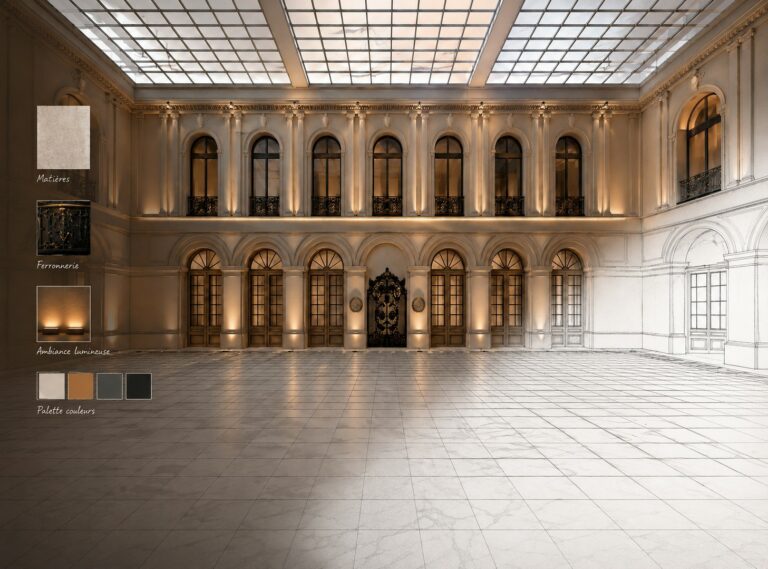 Une grande salle dotée d'un plafond en verre, de fenêtres cintrées, de balcons ouvragés et d'un sol en marbre. Sur la gauche, des échantillons de matériaux, de ferronnerie, de luminaires et de palettes de couleurs sont présentés à la verticale.