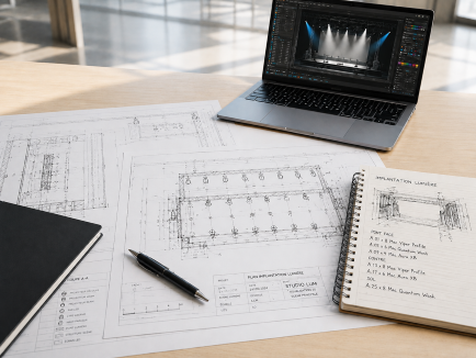 Une table sur laquelle se trouvent des plans d'architecture, un stylo, un cahier contenant des notes sur l'éclairage, un dossier noir fermé et un ordinateur portable affichant une maquette de décor.